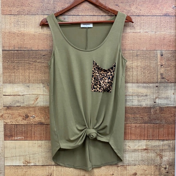 Zenana Leopard Pocket Tank in OD Green - Picture 1 of 5